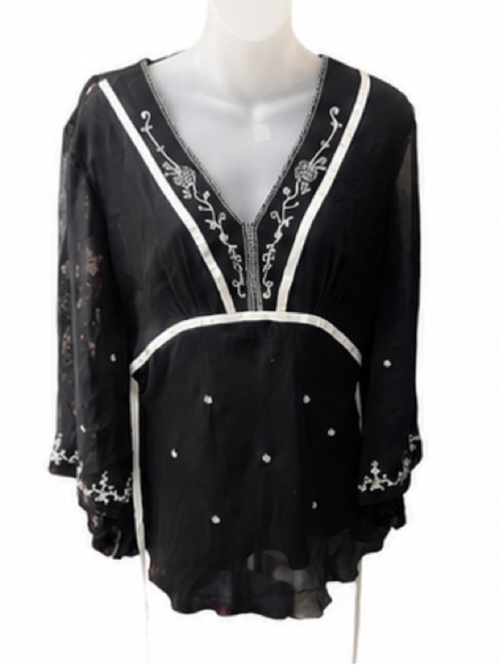 Silkland 100% Silk Embroidered Sheer Black Boho Tunic Blouse Tie Back